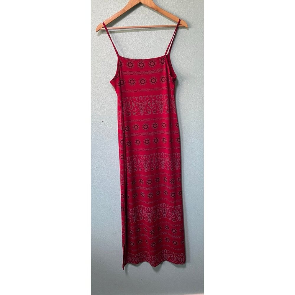 J Collections Y2K 2000s Women's Red Patterned Dress with Slit‎ Size Medium